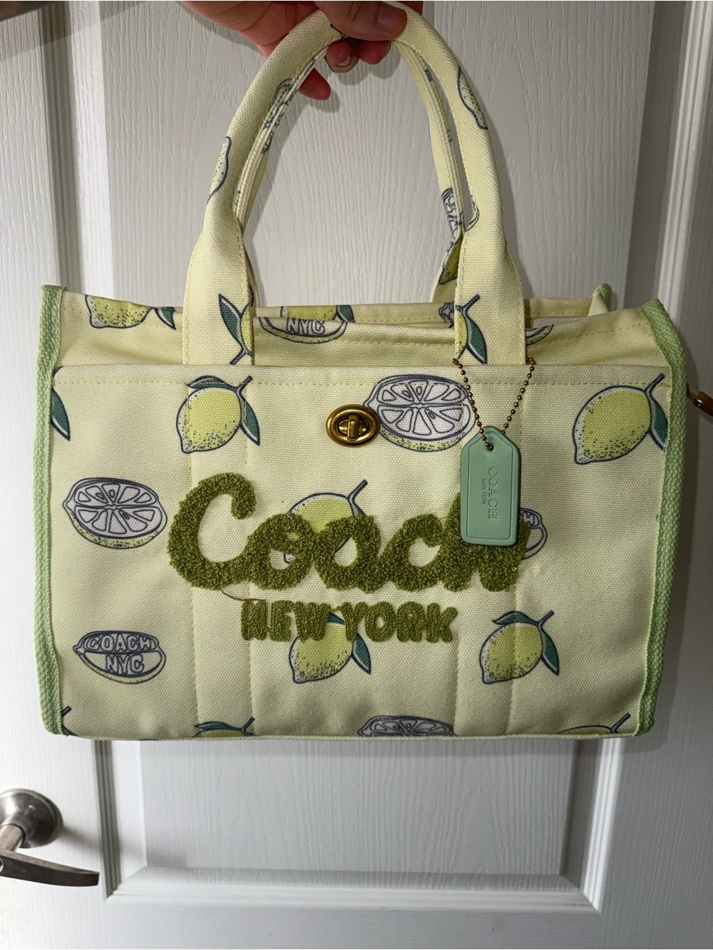 Coach Pale Yellow Lemon Print Canvas Tote with Green Chenille Logo